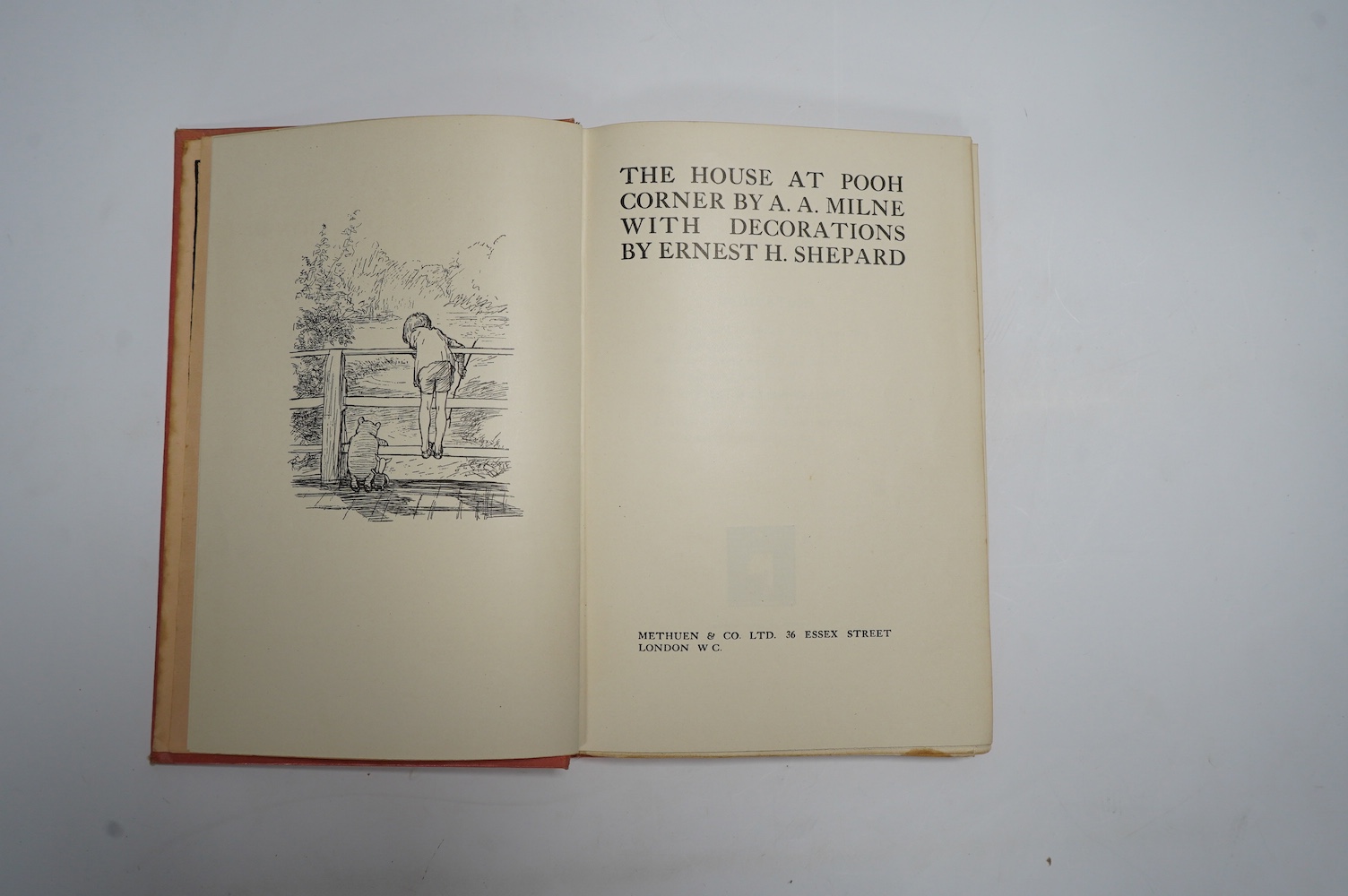 Milne, A.A. - The House at Pooh Corner. With decoration by Ernest H. Shepard. First Edition. frontis and text illus. throughout including pictorial e/ps.; original gilt ruled and pictorial pink cloth with gilt top, sm.cr